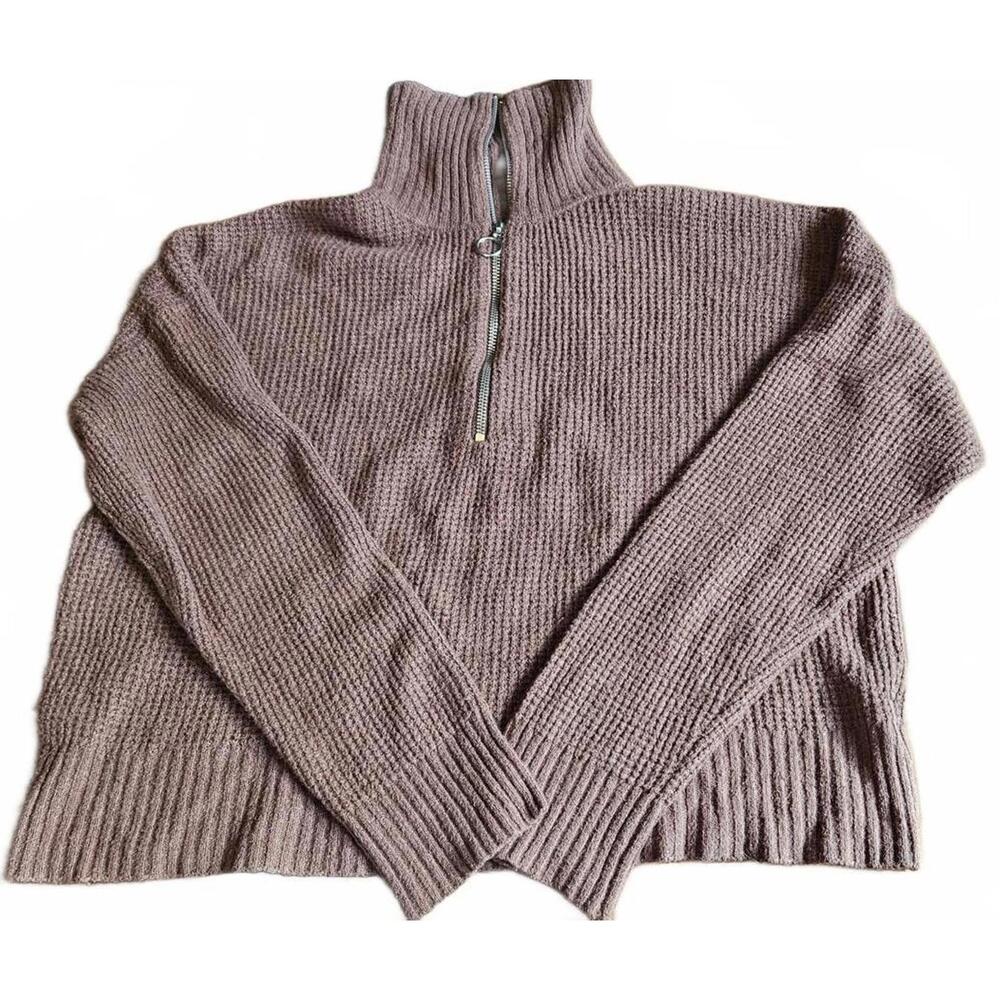 William Rast Women's Warm Brown Waffle Knit Half-Zip Soft Loose Fit Sweater‎ M